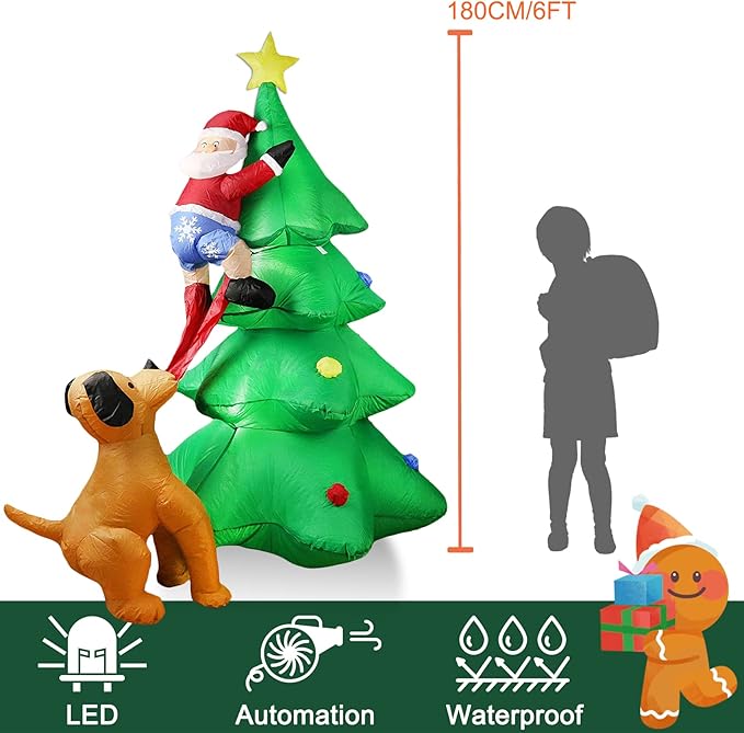 Dearsun 6.5FT H Christmas Inflatable Tree with Build-in LED Lights, Funny Inflatable Dog Chasing Santa Claus,Blow Up Christmas Outdoor Decor Giant Yard Party Decoration (Santa Claus Chased by Dog)