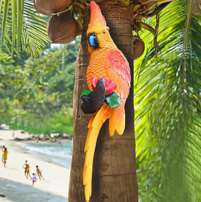 Tropical Hanging Parrot Decor,Real Resin Bird Figurines,Bird Statues,Home Ornament Decor for Tiki Bar,Perfect for Yard Ornaments,Tree Decorations Outdoor,Patio,Lawn,Tree Trunk, Porch