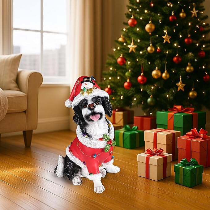 Christmas Outdoor Decoration Dog Statue, LED Light Cute Springer Spaniel Dog Sculpture with Santa Outfit & Lights for Garden and Yard, Indoor Holiday Décor Gift for mom and dad
