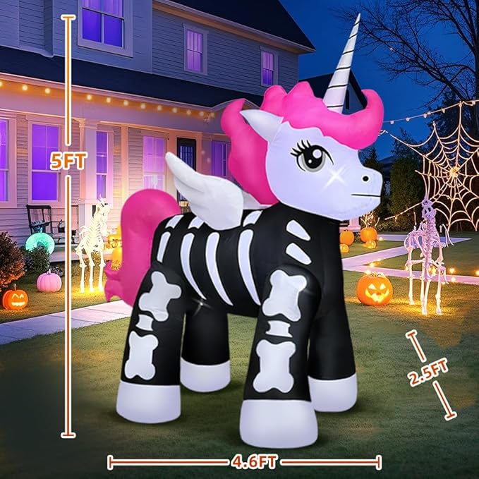5FT Halloween Inflatables Decoration Outdoor, Halloween Blow up Outdoor Decoration, Built in LED Lights Skeleton Unicorn Decorations for Party, Indoor, Outdoor, Garden, Yard Lawn Décor