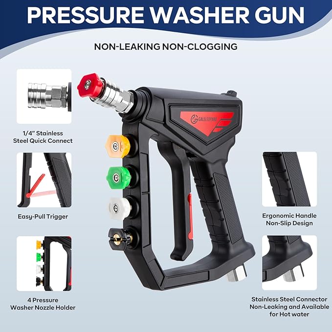 Short Pressure Washer Gun,5000 PSI High Power Washer Gun with 5 Spray Nozzle Tips, 3/8" Quick Connect Plug and M22-14/15mm Fittings, Compatible with Foam Cannon, Nozzle Tips Holder