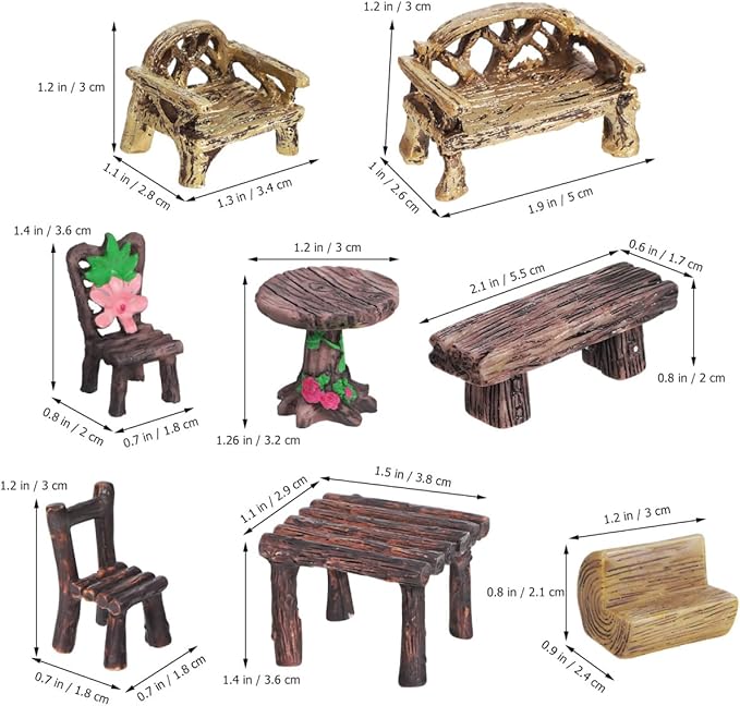 Garneck 10 Pcs Miniature Resin Fairy Garden Furniture Ornaments Rustic Mini Tables and Chairs Bench for Vintage Dollhouse Accessories Home Micro Landscape