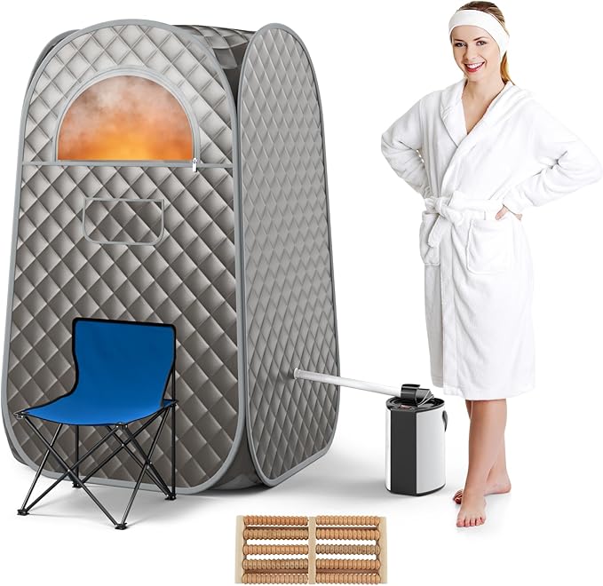 COSTWAY Portable Steam Sauna, Full-Body Personal Sauna Tent w/ 3L Steam Generator, Foldable Chair, Foot Massager, Timer, Remote Control, Indoor Pop-up Sauna Tent for Home Spa Relaxation (Gray)
