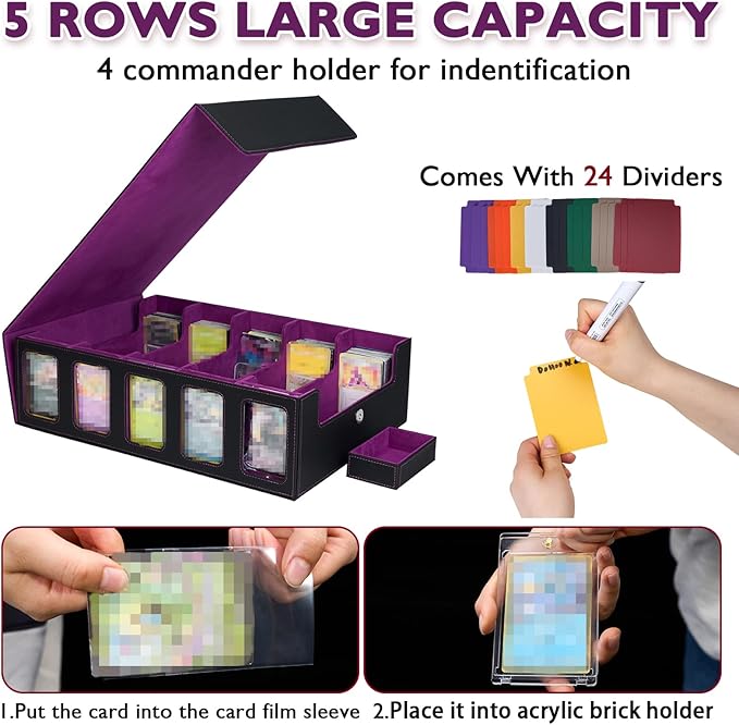 5-Row Trading Card Storage Box for Top Loaders, 3900+Card Deck Case with Portable Handle & Commander Display, 500 Sleeves, 5 Toploaders, 15 Stoppers, 24 Dividers, 1 Dice Tray, for MTG/TCG Magic Cards