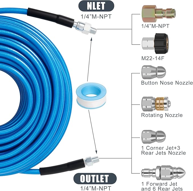 50 FT Sewer Jetter Kit for Pressure Washer, 5800PSI Water Jet Drain Cleaner Hose, 1/4 Inch NPT Corner with 4 Sewer Jetting Nozzles, Pearl Corsage Pin, Waterproof Tape, Handle Strap&2 Spanner (Blue)