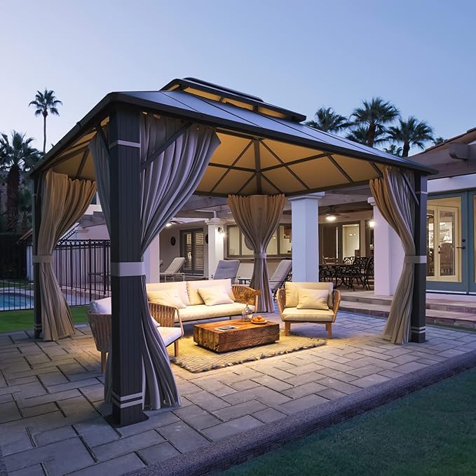 MELLCOM 10x12FT Hardtop Gazebo, Permanent Outdoor Aluminum Patio Gazebo with Aluminum Composite Double Roof for Patio Lawn and Garden, Curtains and Netting Included