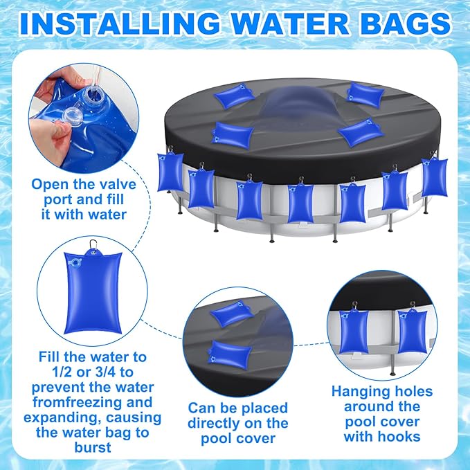 Hungdao 4ft Pool Pillow Cover for Above Ground with 12 Pcs Inflatable Pool Cover Weight with Hook Winter Ice Antifreezing Hanging Bag with Rope and Connection Buckle(Royal Blue,4ft,Square)
