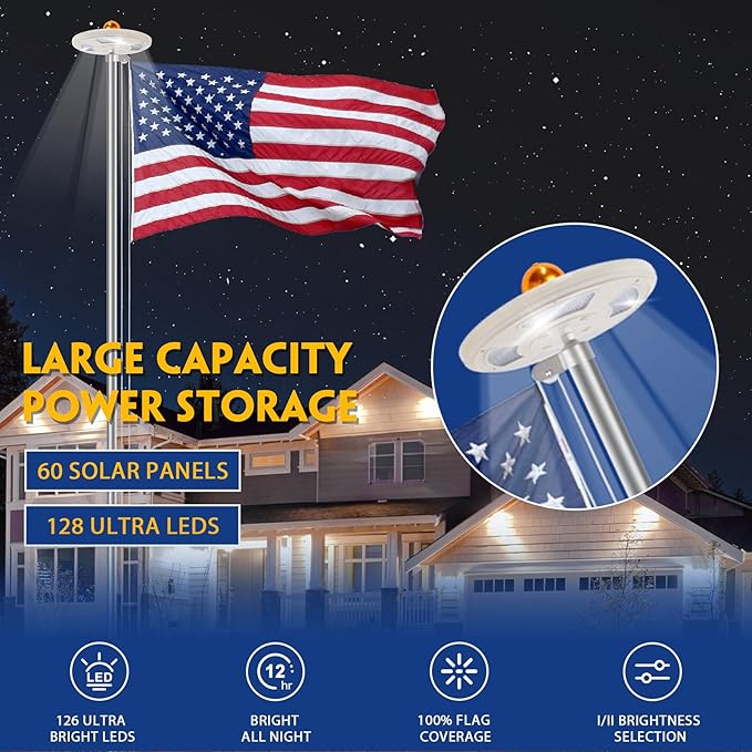 25FT Sliver Heavy Duty Flag Pole Kit with 3x5 Ft American Flag & Solar Light - 12 Gauge Aluminum Tubing, Resistance High Winds, Hardware Flagpole Set for Residential Commercial Outdoor Ready