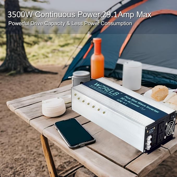 WZRELB 3500W Pure Sine Wave Inverter, Car Power Inverter 48V DC to 110V 120V AC Converter for RV, Truck, Solar, Outdoor with Dual AC Outlets, Hardwire Port, Surge 7000W, LED Display,Off-Grid