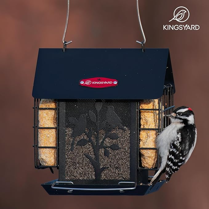 Kingsyard Metal Bird Feeder for Outdoor Hanging, Wild Bird Feeder with Double Suet Cage, Weatherproof Roof and 3 lbs Large Seed Capacity, Black