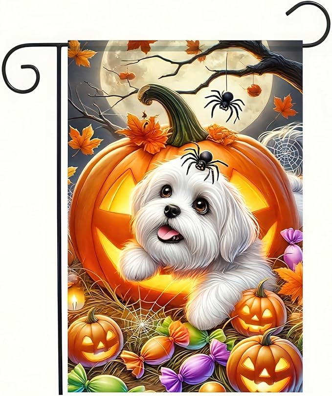 Welcome Halloween Garden Flag 12 x 18 Double Sided Maltese-Dog Garden Flag Lantern Pumpkin Black Yard Small Flag Lawn Outside Decor Funny Holiday Outdoor Home Decoration Banner