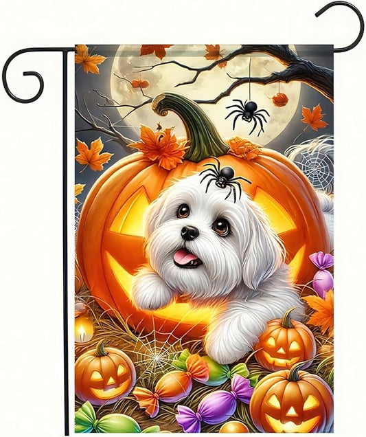 Welcome Halloween Garden Flag 12 x 18 Double Sided Maltese-Dog Garden Flag Lantern Pumpkin Black Yard Small Flag Lawn Outside Decor Funny Holiday Outdoor Home Decoration Banner