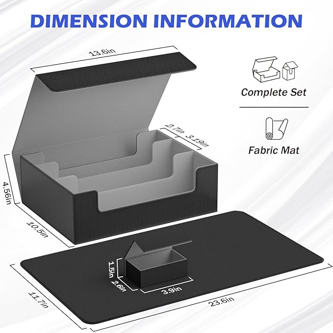 Card Storage Box 3000+ MTG Deck Box with Game Mat and 8 Divider Tabs, 3 Row Commander Trading Card Cases with Dice Tray, Commander Deck Case for TCG, CCG, YuGiOh and Sport Card (Black & Grey)