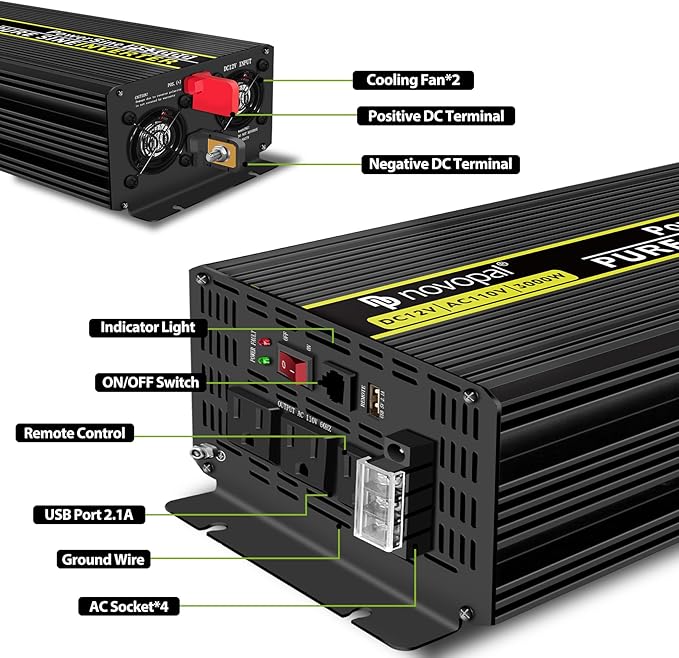 NOVOPAL 3000 watt Pure Sine Wave Inverter, 12V DC to 110V/120V AC Car Power Converter, DC-AC Power Inverter with 3 Outlets, High-Power Terminals - 16ft Remote Control, LCD Display.