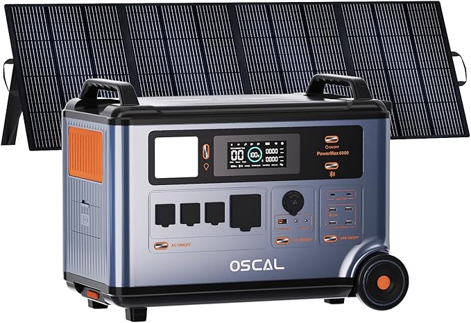 OSCAL 6000W Solar Generator with 200W Solar Panel, 120/240V Split Phase Voltage Portable Power Station PowerMax 6000,6000W AC Outlets (9000W Peak), 3600Wh LFP Battery, Expandable to 57.6kWh