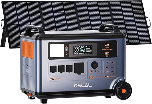 OSCAL 6000W Solar Generator with 200W Solar Panel, 120/240V Split Phase Voltage Portable Power Station PowerMax 6000,6000W AC Outlets (9000W Peak), 3600Wh LFP Battery, Expandable to 57.6kWh