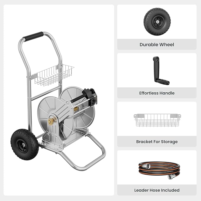 Giraffe Tools Garden Hose Reel Cart with Wheels, Stainless Steel Heavy Duty Water Hose Reel Cart, 200 ft of 1/2 Capacity, Mobile for Outside