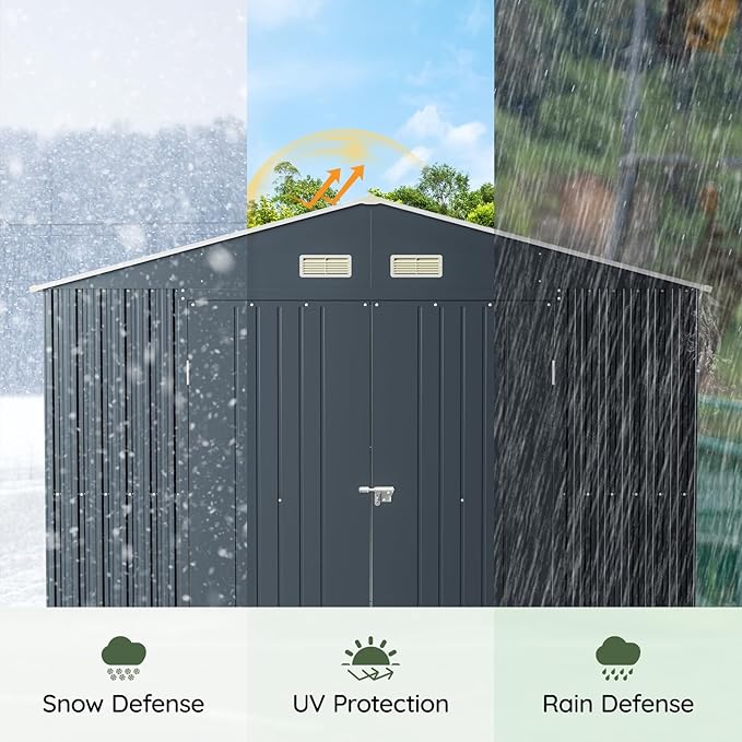 10x10 FT Outdoor Metal Storage Shed with Floor Frame, Double Swing Doors, 2 Clear Windows,Tool Shed for Garden, Patio, Backyard Nightblue