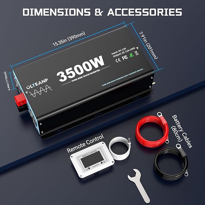 3500W Pure Sine Wave Inverter with Transfer Switch, 12V DC to 120V AC Converter with 2AC Outlets, USB Port, Type-C Port, Remote Controller, Power Inverter for RV, Outdoor, Auto Swtich to Shore Power