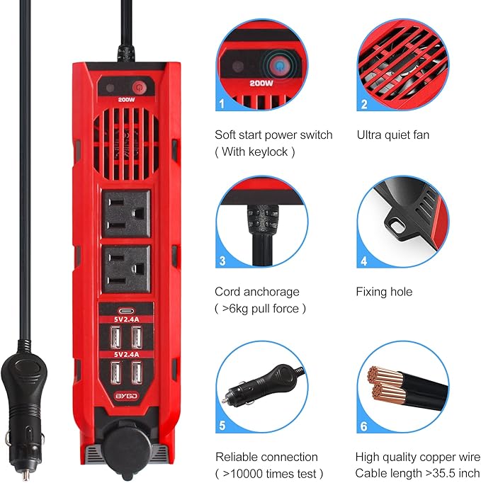 200W Car Power Inverter DC 12V to 110V AC Converter with Dual AC Outlets, 4 Quick Charger 2.4A USB Ports and 1 Type C Port Cigarette Lighter Socket Charger Adapter
