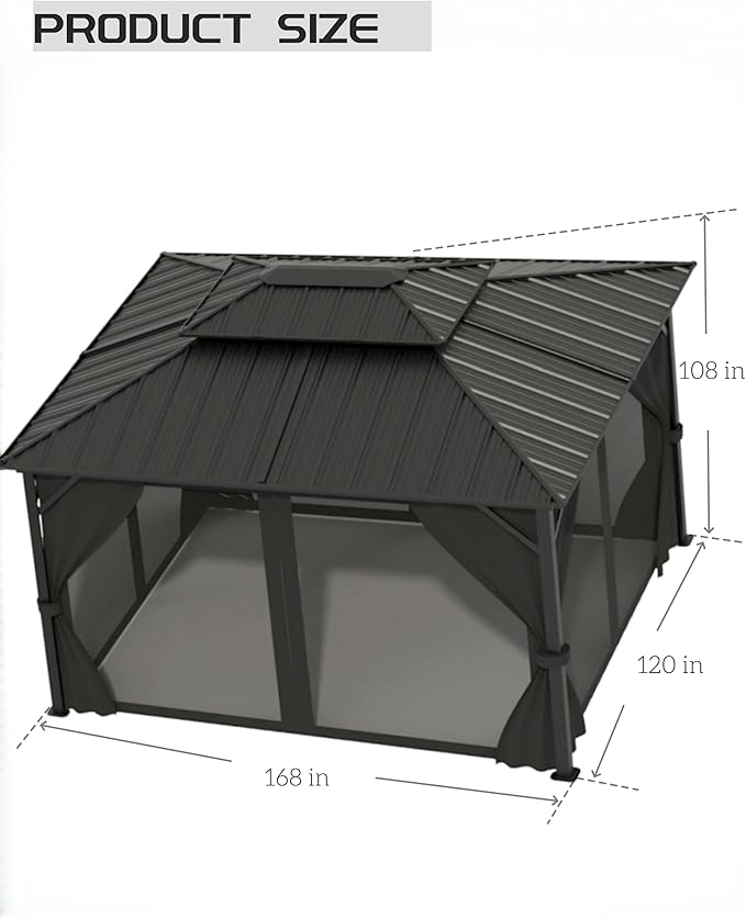 10x14 Ft Hardtop Gazebos with Heavy Duty Double Roof, Nettings and Curtains Galvanized Steel Outdoor Gazebos for Patio, Backyard, Deck, Lawn (Grey)