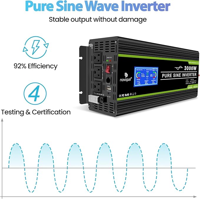 NOVOPAL 3000 Watt Pure Sine Wave Power Inverter DC 12V to AC 110V 120V Rv Inverters with 3 AC Outlets,High Power Terminal-16 ft Remote Control, LCD Display for Truck, Hurricane, Home
