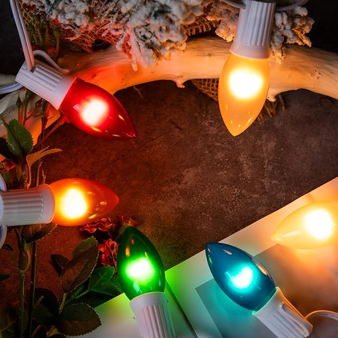 Minetom C9 String Lights Outdoor Christmas Lights 25 Feet Frosted Multi-Colored for Patio Room Christmas Tree Party Backyard Decoration White Wire