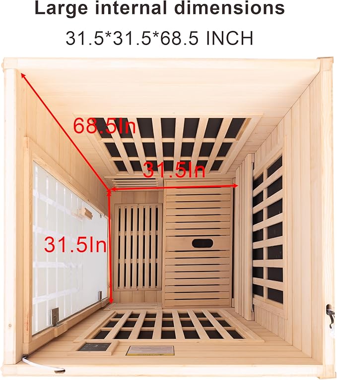 1-Person Home Infrared Dry Sauna Cabin 1600W/110V – Canadian Hemlock Wood, Tempered Glass Door, Red-Light Therapy & Bluetooth Speaker, Easy DIY Assembly, Size 37.1″×35.8″×74″