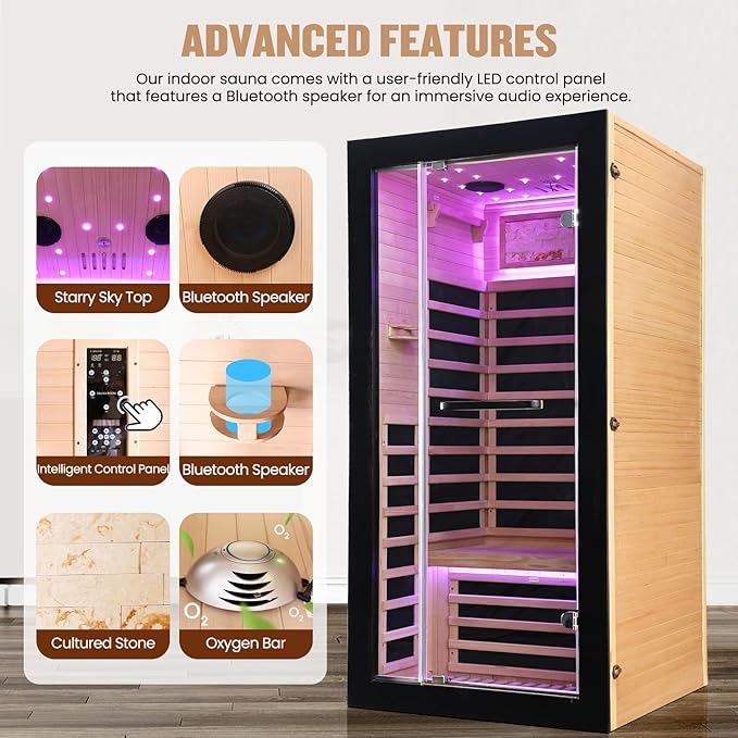 One Person Sauna Far Infrared Saunas Room Canadian Hemlock 1450W Dry Saunas Spa with 7 Starry Sky Light 33.5 * 33.5 * 70.8inch