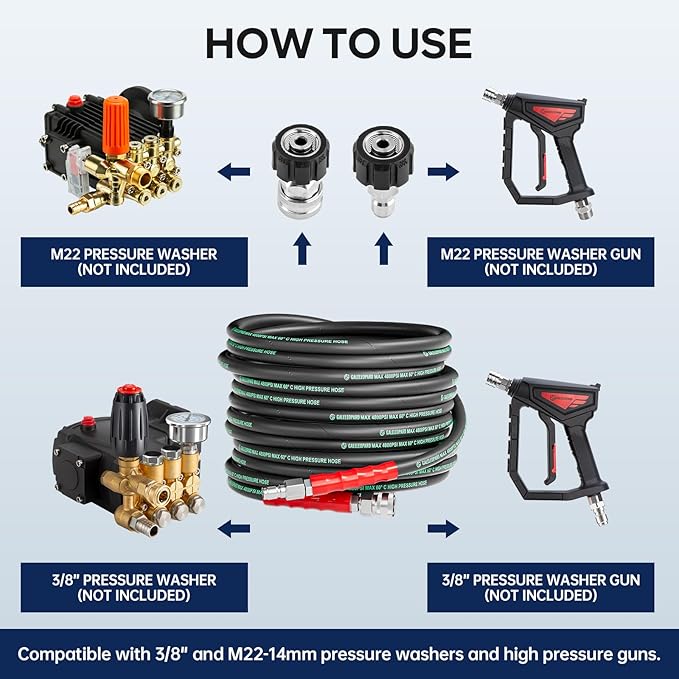 3/8" Pressure Washer Hose 50FT 4800PSI, with M22 14 mm to 3/8 Inch Quick Connect, Kink Resistant Industry Grade Steel Wire Braided Synthetic Rubber Jacket with 2 M22 14mm Adapter Set