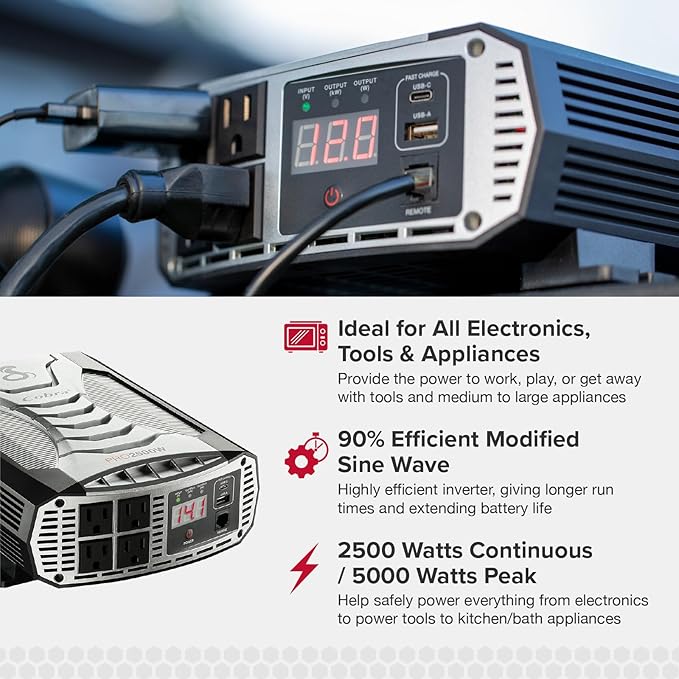 Cobra PRO 2500W Professional Grade Power Inverter, Portable – 2500-Watt Car Charger, 4 Grounded AC Outlets, 2 Fast Charge USB Ports and Remote Controller (CPIALCDG1) Compatible