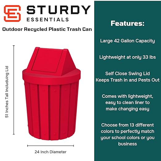 42 Gallon Round Slatted 100% Recycled Plastic Indoor or Outdoor Commercial Trash Can with Easy Access Swing Top Lid | Great for Schools and Businesses - Red