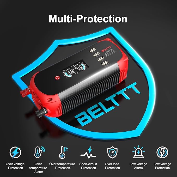 BELTTT 500W Car Power Inverter, DC 12V to 110V AC Power inverters for Vehicles with 2 AC Outlets, 4 USB Ports and LCD Digital Display, Car Plug Adapter Outlet Converter