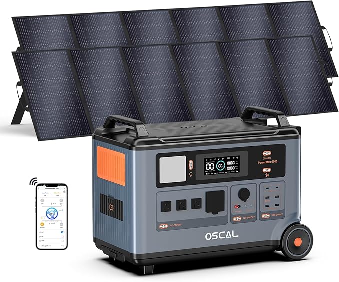 OSCAL PowerMax 6000 Solar Generator with 2x500W Solar Panel, 120V/240V Split Phase Voltage 6000W AC Outlets (7200W Peak), 2200W AC Charging/2400W PV Charging for Home, Emergency, Bank Battery Backup