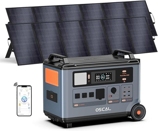 OSCAL PowerMax 6000 Solar Generator with 2x500W Solar Panel, 120V/240V Split Phase Voltage 6000W AC Outlets (7200W Peak), 2200W AC Charging/2400W PV Charging for Home, Emergency, Bank Battery Backup