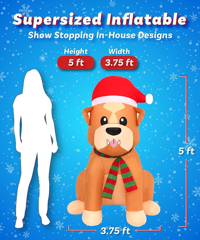 Holidayana Christmas Inflatables Large 5 ft Santa Hat Bulldog - Inflatable Outdoor Christmas Decorations Blow Up X-mas Decorations for Yard, Lawn & Garden Internal Lights & Built-in Fan