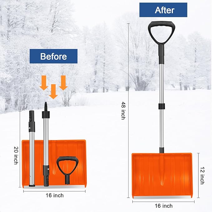 Ergonomic Large Snow Shovel for Driveway: 48-Inch Dual-Lock Knob Anti-Wobble Handle, 16" Plastic Blade w/Metal Edge, Ultra-Light 1.9 lb, Portable Aluminum Shaft, Car, Camping & Emergency, Orange