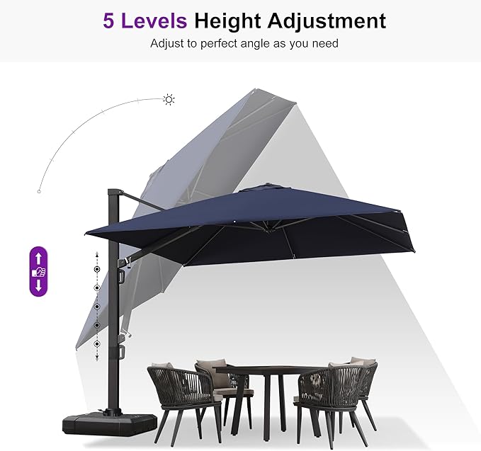 PURPLE LEAF 10 FT Square Patio Umbrella Large Outdoor Aluminum Offset Umbrella with 360-degree Rotation Cantilever Umbrella for Garden Deck Backyard Pool, Navy Blue