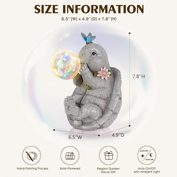 MININOVA Outdoor Garden Decorations Turtle Statues with Solar Light Resin Waterproof Figurines for Outside Yard Patio Mon Birthday Thanksgiving Day