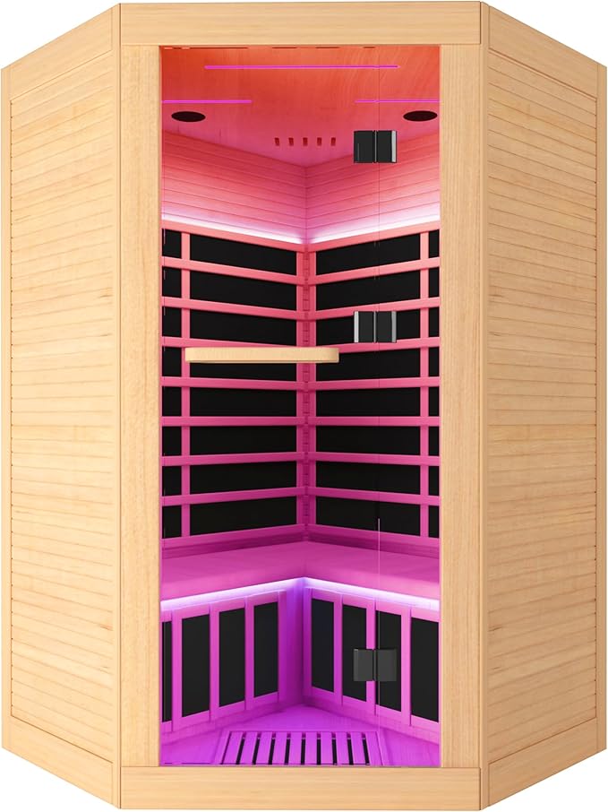2-3 Person Sauna Corner Sauna Far Infrared Saunas Room Home Canadian Hemlock Indoor 2100W Low-EMF Dry Saunas with 7 Color Therapy 47.2 * 47.2 * 74.8inch