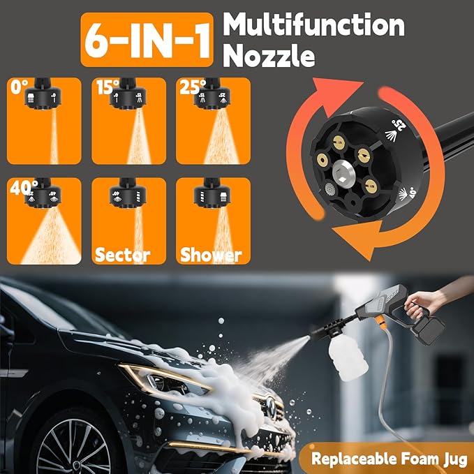 Cordless Pressure Washer, 800 PSI Portable Power Washer with 6-in-1 Nozzle, 2×4.0Ah Battery & 32.8FT Hose, Battery Pressure Washer for Car, Garden & Home Cleaning