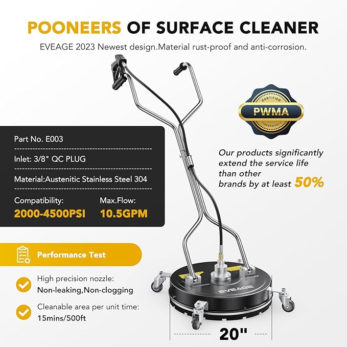 EVEAGE 20" Pressure Washer Surface Cleaner, EP003 Dual Handle Stainless Steel Power Washer Surface Cleaner with 4 Wheels, 4000 PSI, Perfect for Driveways, Sidewalks,Patios,Decks Cleaning