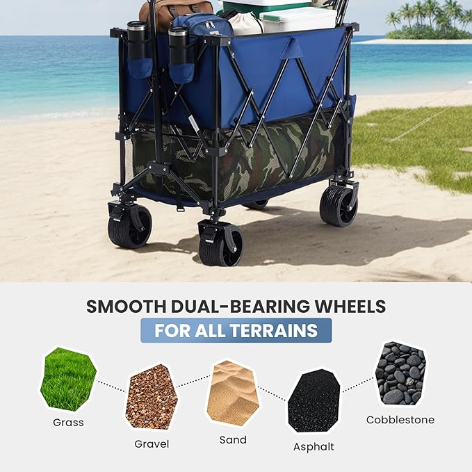 DUMOS Large Capacity Folding Double Decker Wagon with Brakes, 440 lbs Wagons Carts Foldable Wagon Cart with Flexible Handle, All-Terrain Big Wheels for Grocery Sports Garden Camping