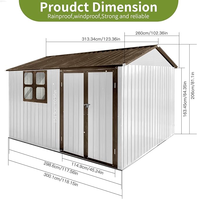 10x8FT Outdoor Metal Storage Shed with Window & Pent Roof – Heavy-Duty Steel Garden Shed, Secure Hinged Door, Weatherproof for Tools, Bikes & Lawn Equipment