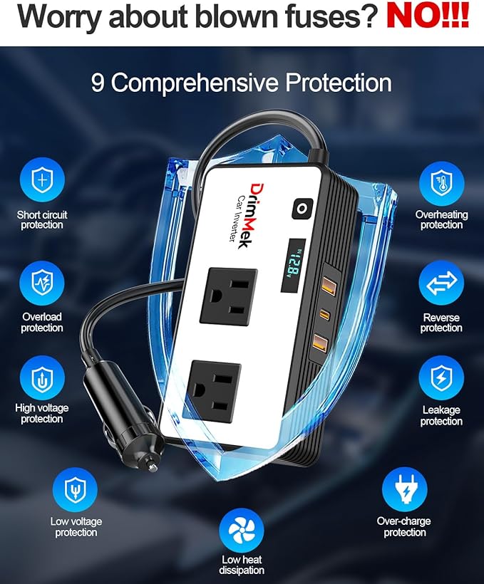 200W Car Power Inverter, Car Plug Adapter Outlet 12V to 110V Converter with 24W USB Fast Charging Port, Dual AC Outlet for Laptop, Vehicles, Camping (LED Display)