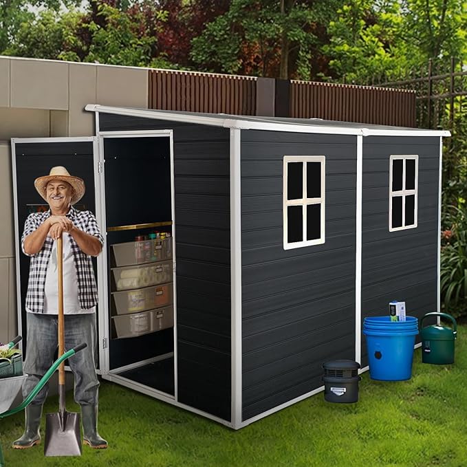LANTRO JS Outdoor Storage Shed with Floor Included, 4x8FT Plastic Storage Shed with Floor with 2 Windows and Lockable Door, Backyard Storage Sheds for Garden Tools, Bike