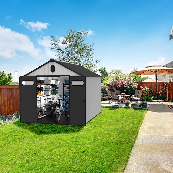 Chery Industrial 8 x 12FT Outdoor Storage, Affordable Metal Tool Shed with Lockable Sliding Shed Door and Vents,Waterproof Galvanized Steel Sheds & Outdoor Storage for Backyard, Garden(Grey)