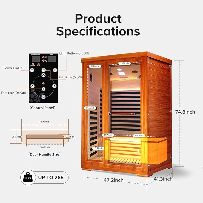 Far Infrared Home Sauna 2 Person Indoor Sauna Dry Wood Spa Room 1880W 110V with Red Light Control Panel, Bluetooth Speaker, Reading Lamp