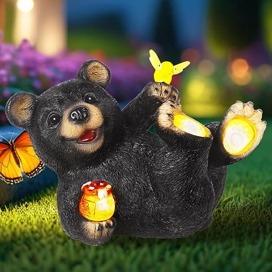 Solar Bear Garden Statues, Resin Garden Decor, Waterproof Black Bear Figurine,Solar Animals for Yard and Garden,Gifts for Mom, Women