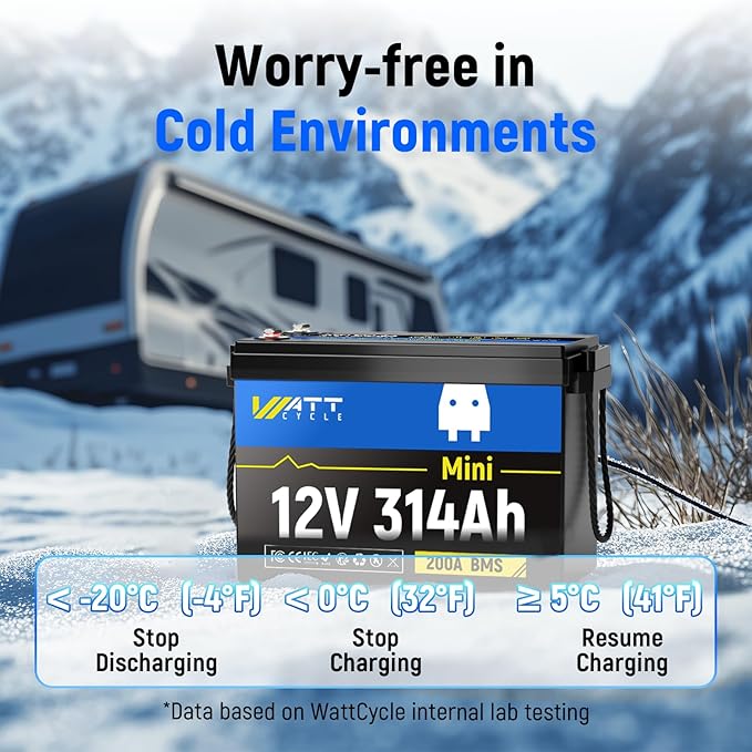 Wattcycle 12V 314Ah Mini LiFePO4 Lithium Battery, 200A BMS & 4.01kWh Energy, Upgraded Cooling Fins & Braided Wires, 4000+ Cycles, Ideal for RV, Marine, Camping, Solar Off-Grid
